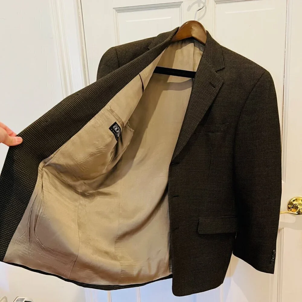 VINTAGE Tweed Jacket L Houndstooth Check 100% Wool Blazer 42 R